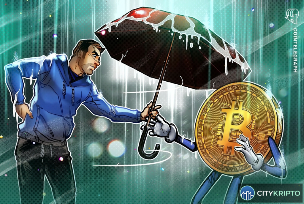 Сэм Альтман и логотип компании Meanwhile на фоне биткоина