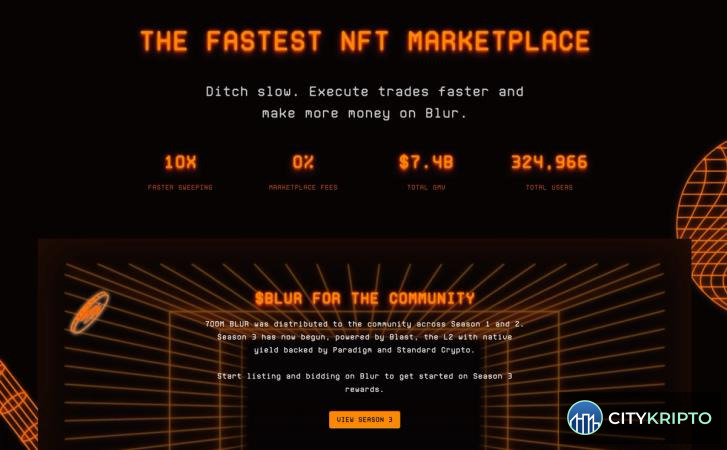Логотип Blur на фоне падающего графика объёмов торгов NFT