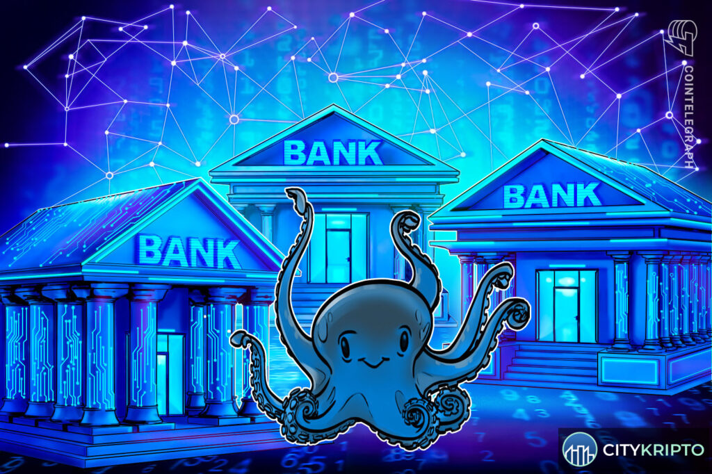 Логотипы Kraken и Saldo Bank на фоне флага ЕС, символизирующие сделку по покупке банка