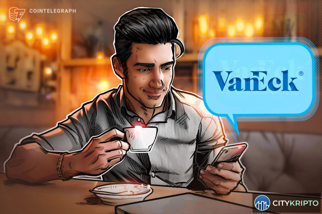 Логотип VanEck и график криптовалюты на фоне отзыва заявки на ETF