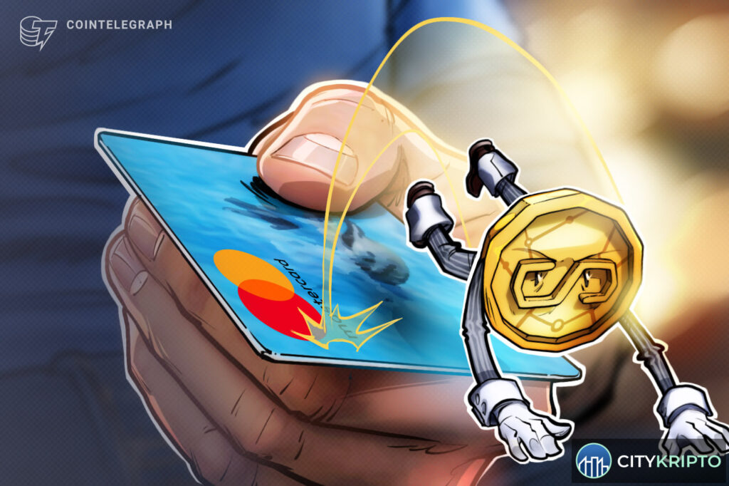 Логотип Mastercard на фоне блокчейн-графики, символизирующий анализ стейблкоинов