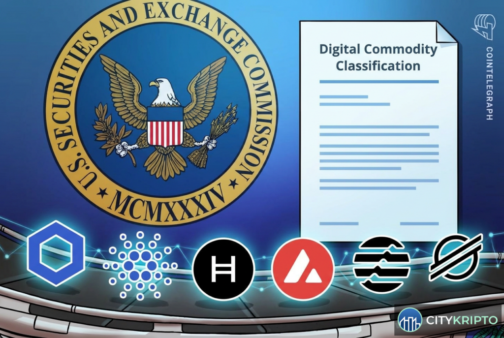 Логотипы Chainlink и Cardano на фоне здания SEC, символизирующие призыв к четкому регулированию криптовалют