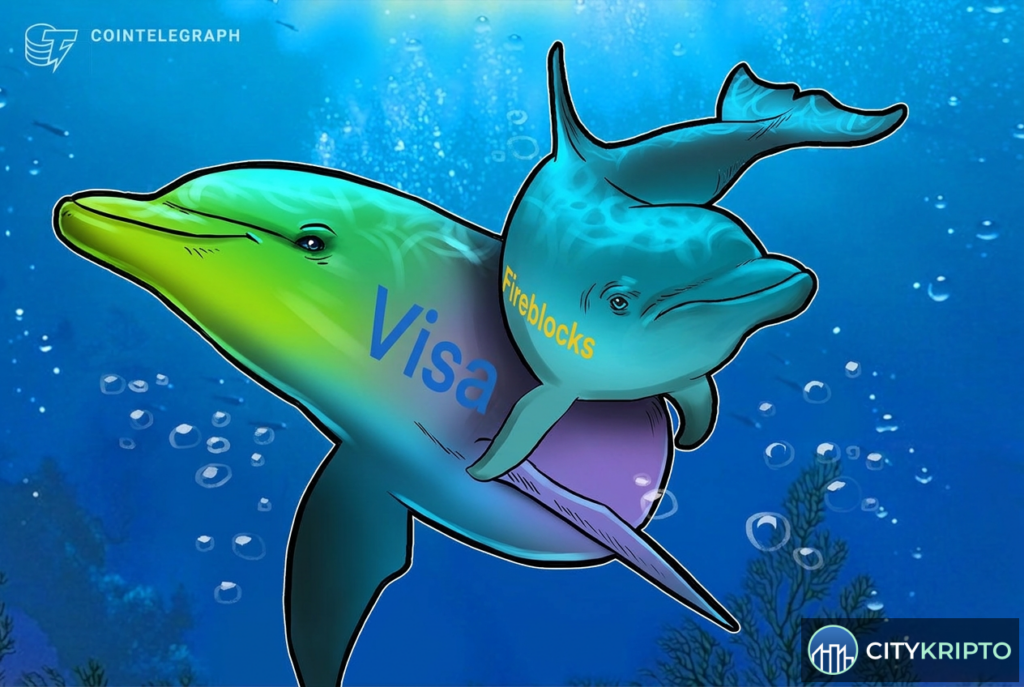 Логотипы Fireblocks и Visa на фоне криптовалютных графиков