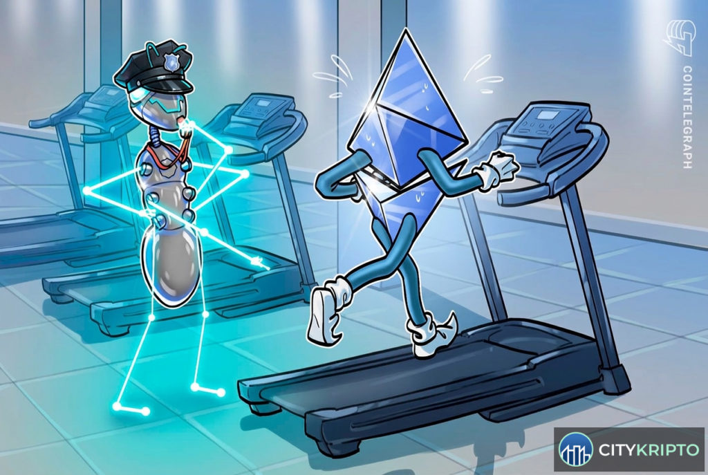 Логотип Ethereum и надпись Glamsterdam на фоне блокчейна