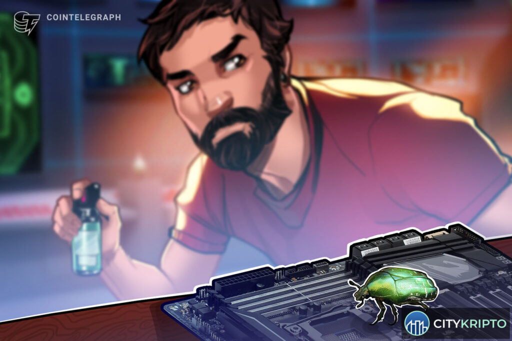 Логотип Bitcoin Core на фоне кода и символов ИИ, иллюстрирующий изменение политики безопасности