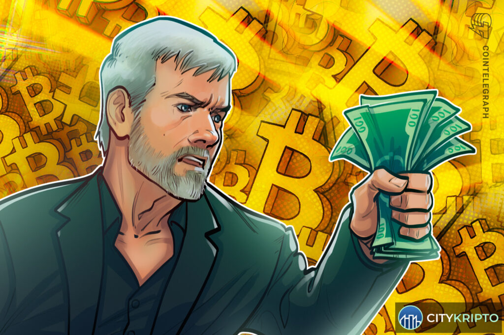 Логотип Strategy и график Bitcoin на фоне финансовых операций