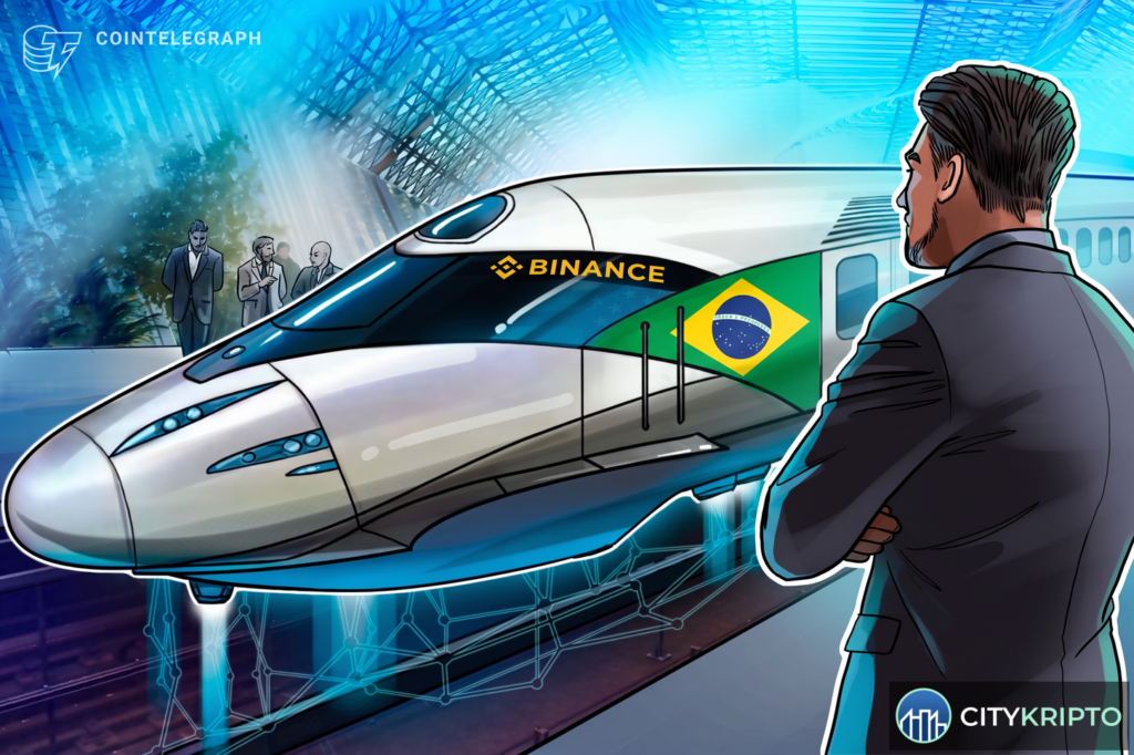 Логотип Binance на фоне флага Бразилии и символов криптовалют