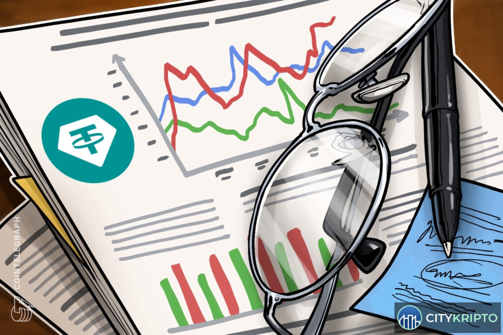 Логотип Tether (USDT) на фоне графика роста резервов и прибыли