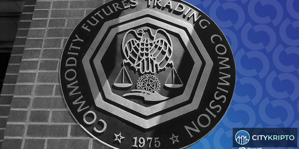 Логотип CFTC и символы криптовалюты Bitcoin и AI на фоне диаграммы регулирования