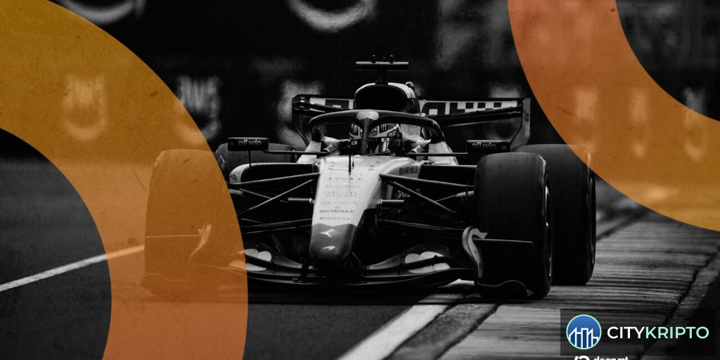 Логотип McLaren Racing и Hedera на фоне блокчейн-технологии