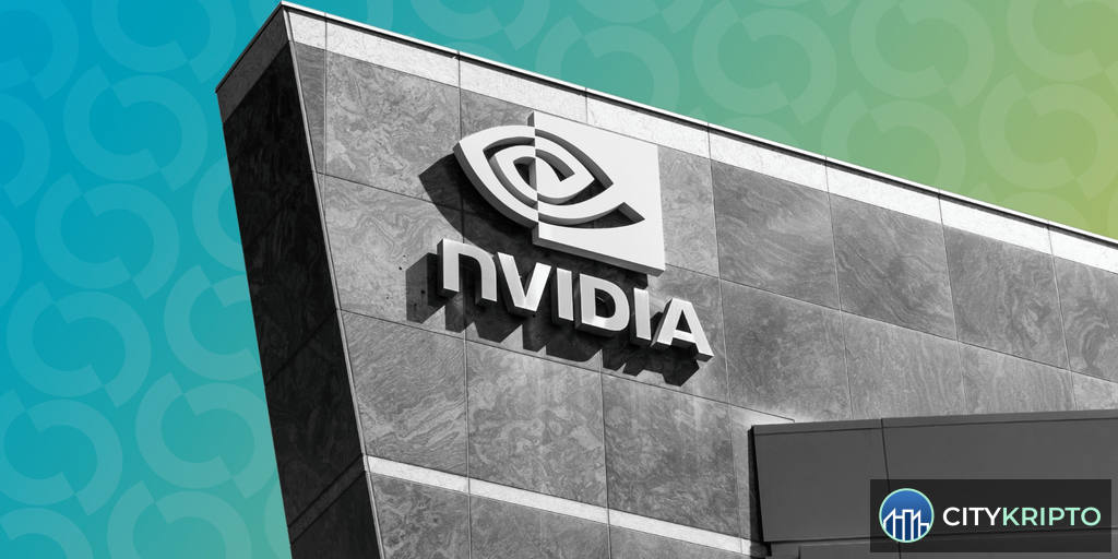 Логотип Nvidia на фоне графиков акций и символов криптовалют, иллюстрирующий судебный иск