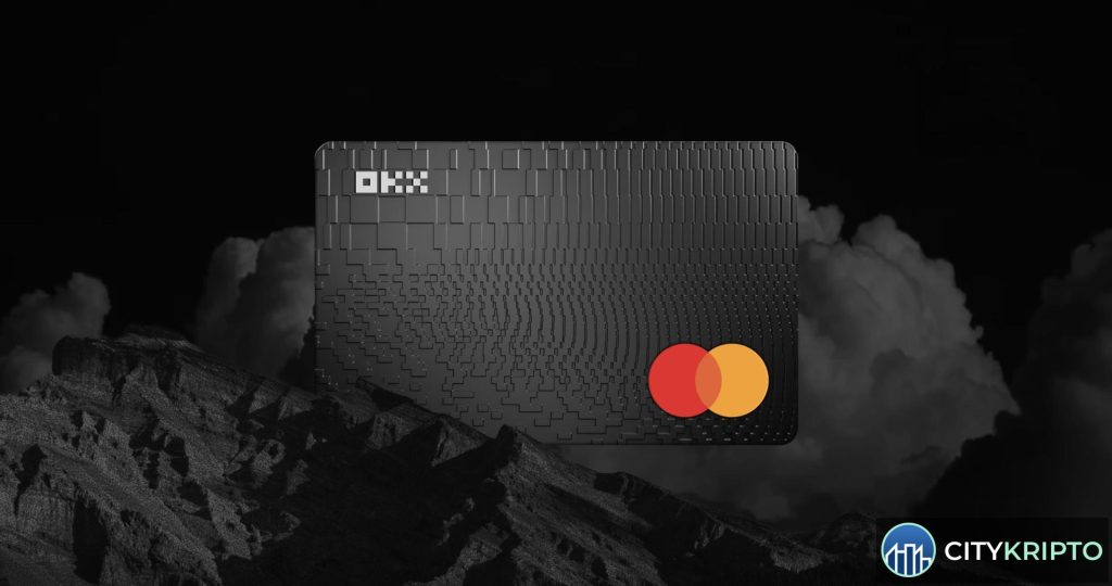 Логотип OKX и график криптовалют на фоне биржевых данных