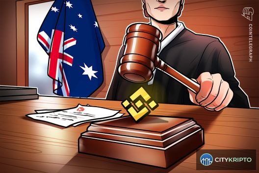 Логотип Binance с графиком штрафа в 6.9 миллионов долларов на фоне австралийского флага
