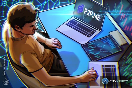 Логотип P2P.me и платформы Polymarket на фоне графиков криптовалют