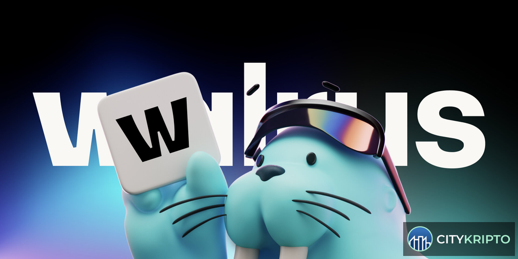Логотип Walrus с графиком роста данных на фоне символов AI и DeFi