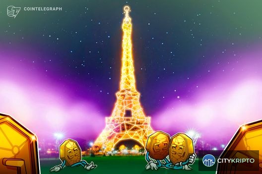 Логотип BNP Paribas с символами Bitcoin и Ether на фоне европейской карты
