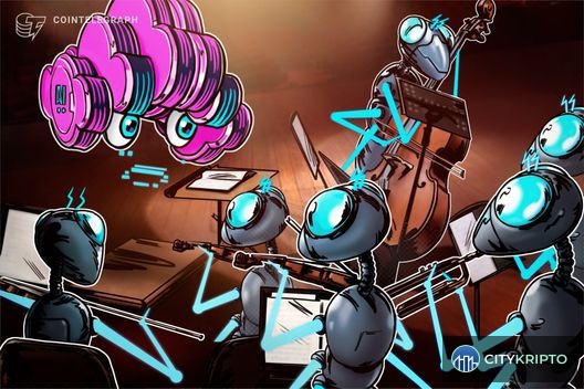 Иллюстрация блокчейна и AI музыки с смарт-контрактами для автоматизации роялти