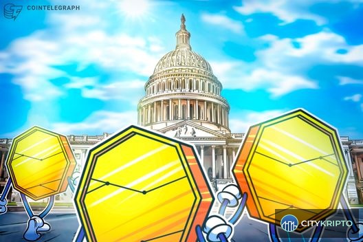 Иллюстрация: логотип Tether и символы политики США на фоне графика криптовалют
