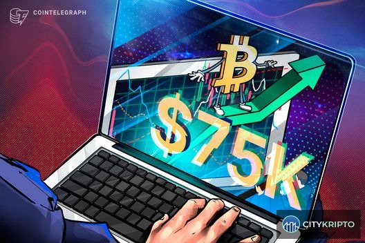График курса Bitcoin с отметкой $75 000 на фоне экономических и геополитических факторов
