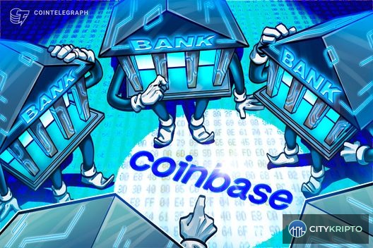 Логотип Coinbase и американские банки на фоне графиков крипторынка