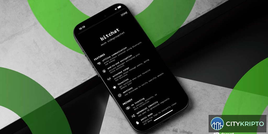 Иллюстрация удаления приложения Bitchat из App Store в Китае на фоне крипто-символов