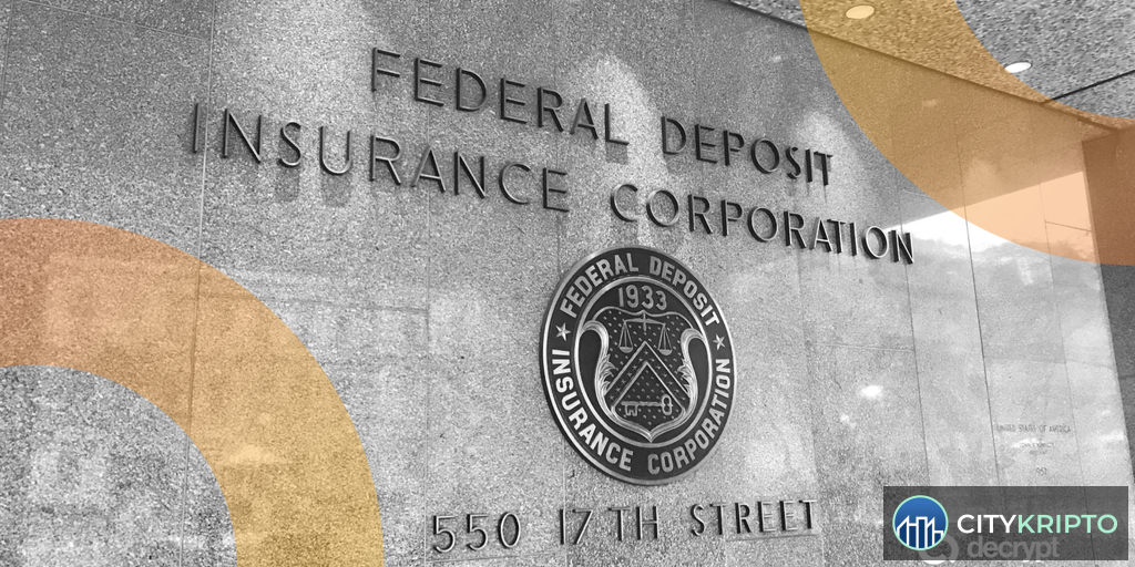 Иллюстрация с логотипом FDIC и символами стейблкоинов, представляющая новые правила регулирования