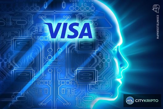 Логотип Visa и символы AI-агентов, совершающих покупки с использованием криптовалют