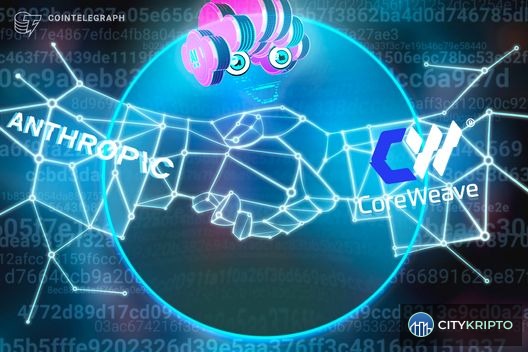 Логотипы CoreWeave и Anthropic с символами AI и криптовалюты на фоне технологической инфраструктуры