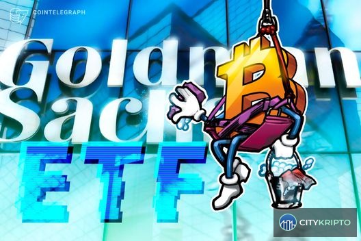 Логотип Goldman Sachs и график Bitcoin, символизирующий ETF с опционной стратегией