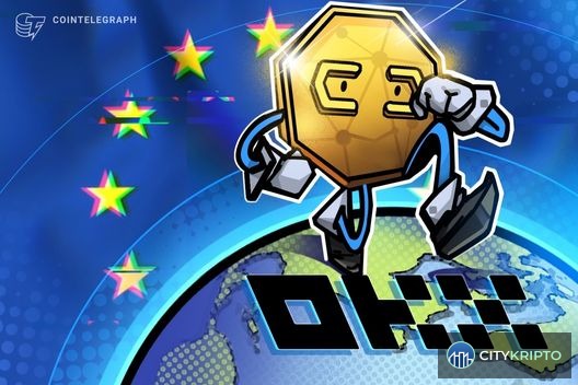Логотип OKX и график торговли криптодеривативами X-Perps на европейском рынке
