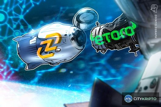 Логотипы eToro и Zengo с графиком Bitcoin на фоне, символизирующие сделку и прогноз роста