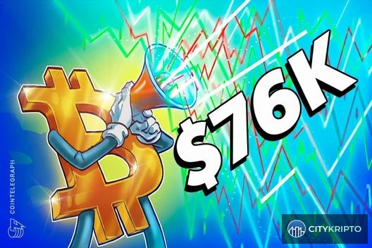 График Bitcoin с отметкой $76 000 и стрелкой, указывающей на давление продаж
