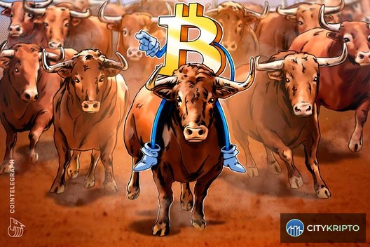График Bitcoin с отметкой уровня $76 000 и стрелками, указывающими на рост
