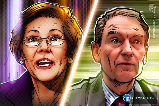 Иллюстрация: сенатор Элизабет Уоррен и логотип SEC на фоне графиков криптовалют