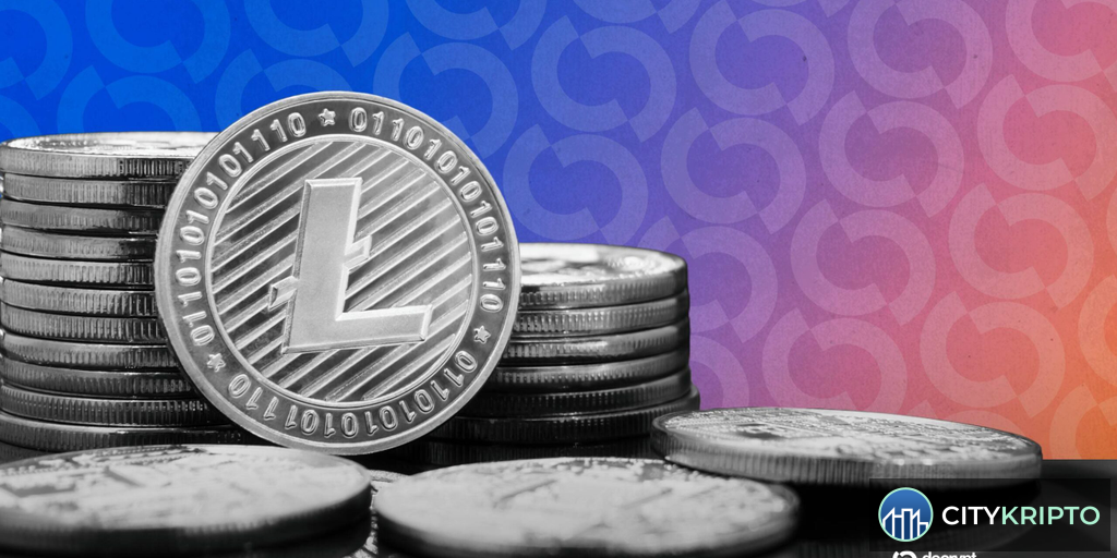 Логотип Litecoin на фоне блокчейна с откатом транзакций