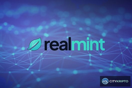 Логотип Realmint на фоне графиков и токенизированных активов