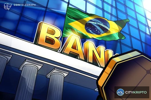 Флаг Бразилии и биткоин на фоне графиков