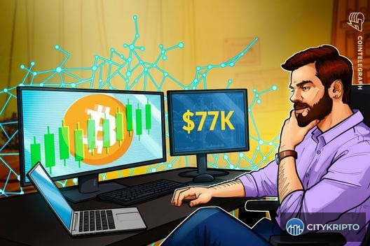 График биткоина на уровне $77K с отметками сопротивления и давления на шорты