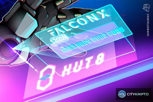 График цены Bitcoin и логотип Hut 8 на фоне серверов для майнинга