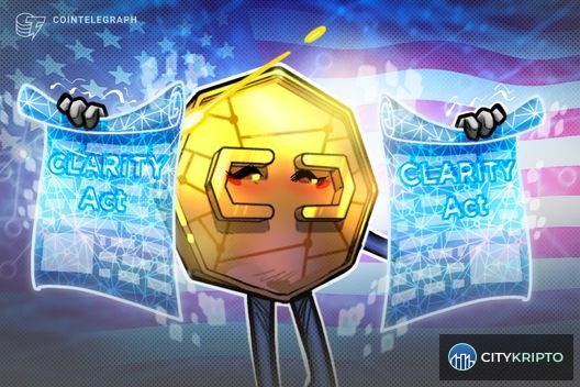 Текст закона CLARITY Act на фоне флага США и биткоина