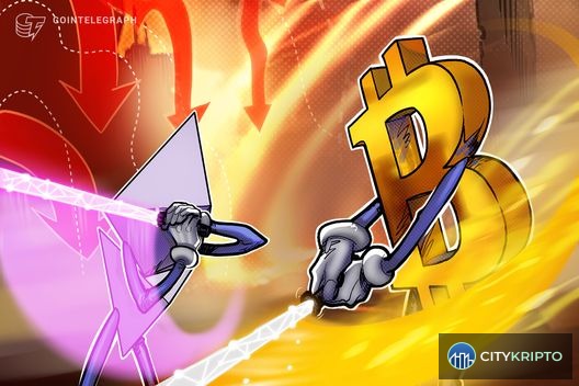 График падения Ethereum к Bitcoin за год с прогнозом downtrend