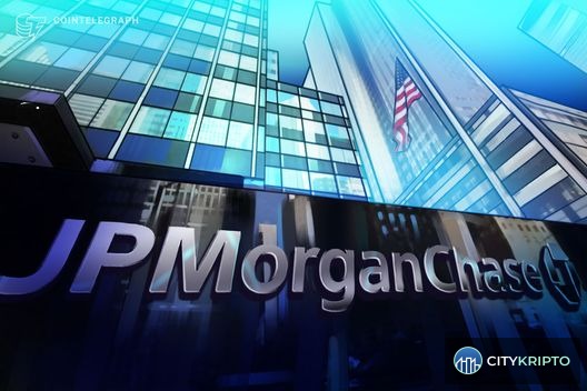 Логотип JPMorgan на фоне блокчейн-сети и символов стейблкоинов USDT и USDC