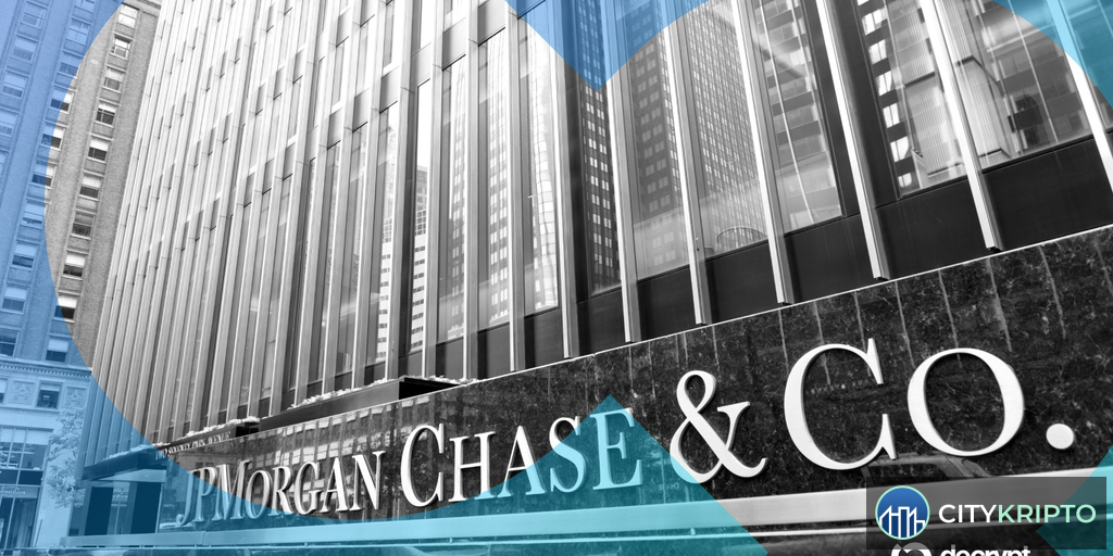 Логотип JPMorgan на фоне блокчейн сети Ethereum