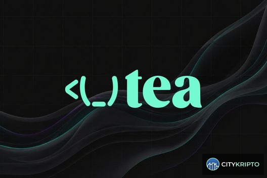 Логотип Tea Protocol на фоне кода и символов ИИ