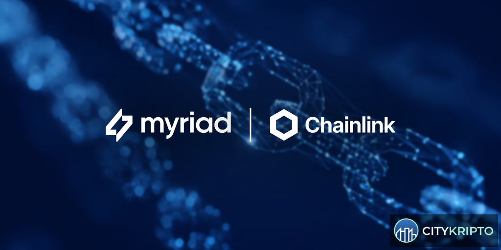 Логотипы Myriad и Chainlink на фоне графика криптовалют