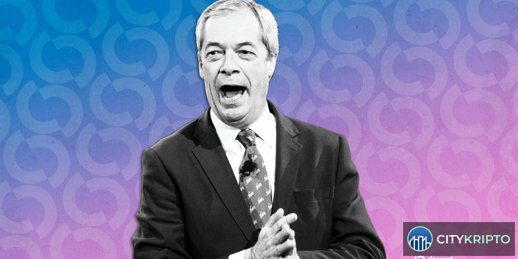 Nigel Farage и логотип Tether USDT на фоне британского парламента