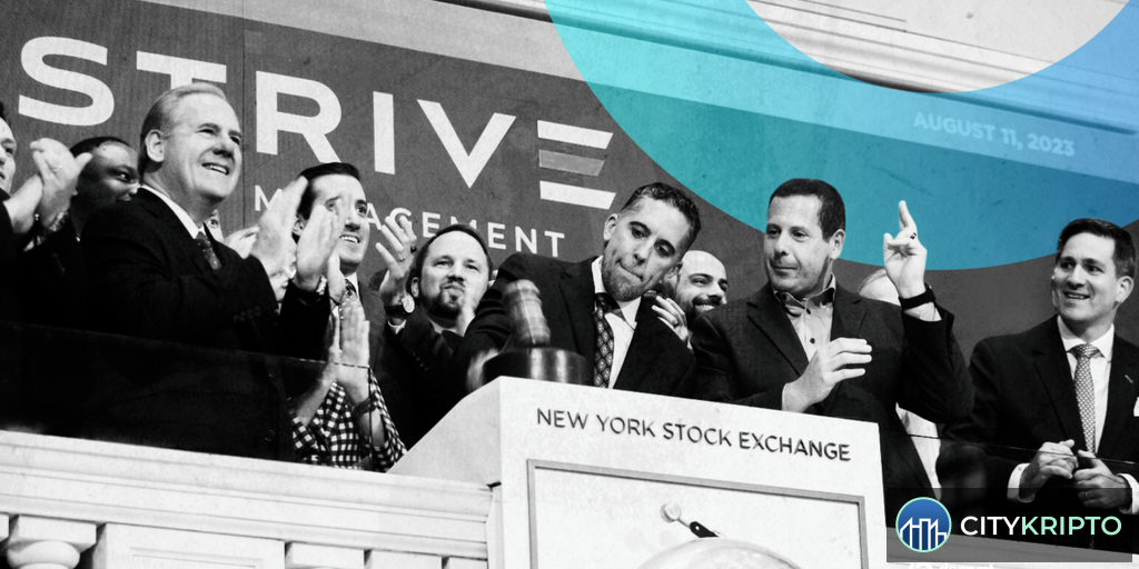 Логотип Strive и Bitcoin на фоне графика дивидендов