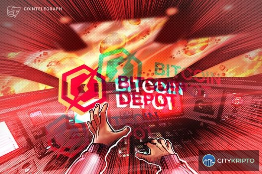 Криптомат Bitcoin Depot с логотипом компании на фоне графика падения курса