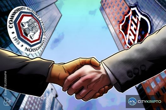 Логотипы CFTC и НХЛ на фоне графика биткоина