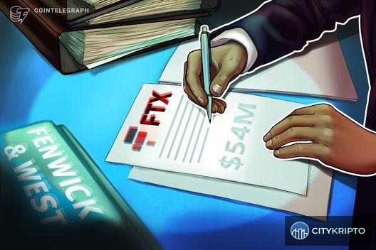 Логотип юридической фирмы Fenwick & West на фоне графика курса Bitcoin